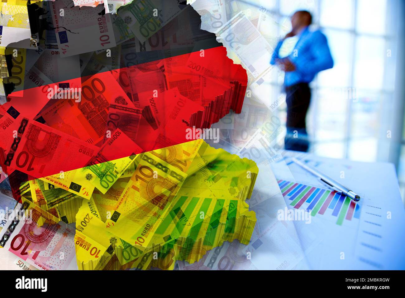 Germany map and flag cash euro - Germany Map And Flag Cash Euro Banknotes And Businessman In Background Economy Money Inflation Crisis Markets Finance Business 2MBKRGW 