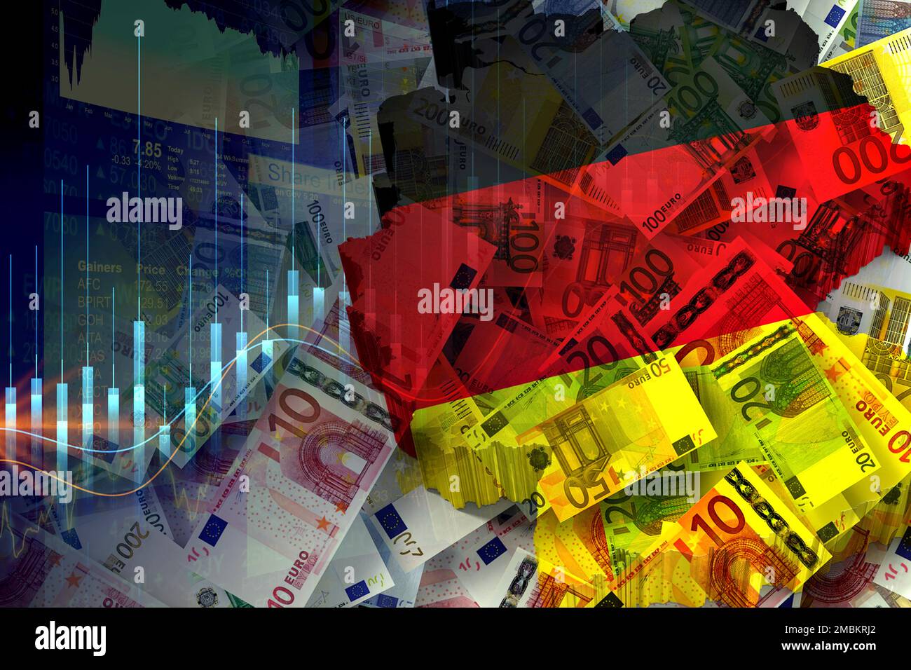 Germany map and flag, cash euro banknotes and stock market indicators