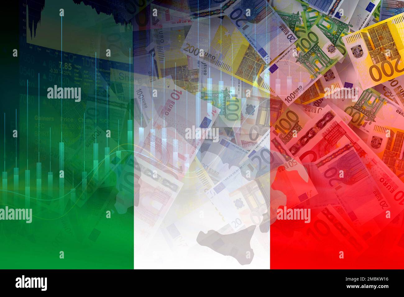 Italy map and flag, cash euro banknotes and stock market indicators (economy, money, inflation, crisis, markets, finance, business) Stock Photo