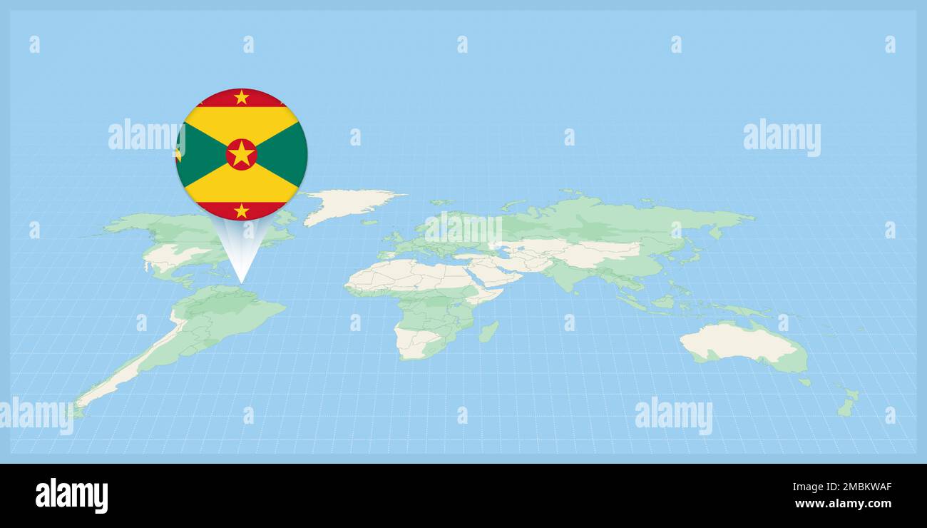 Location of Grenada on the world map, marked with Grenada flag pin. Cartographic vector illustration. Stock Vector