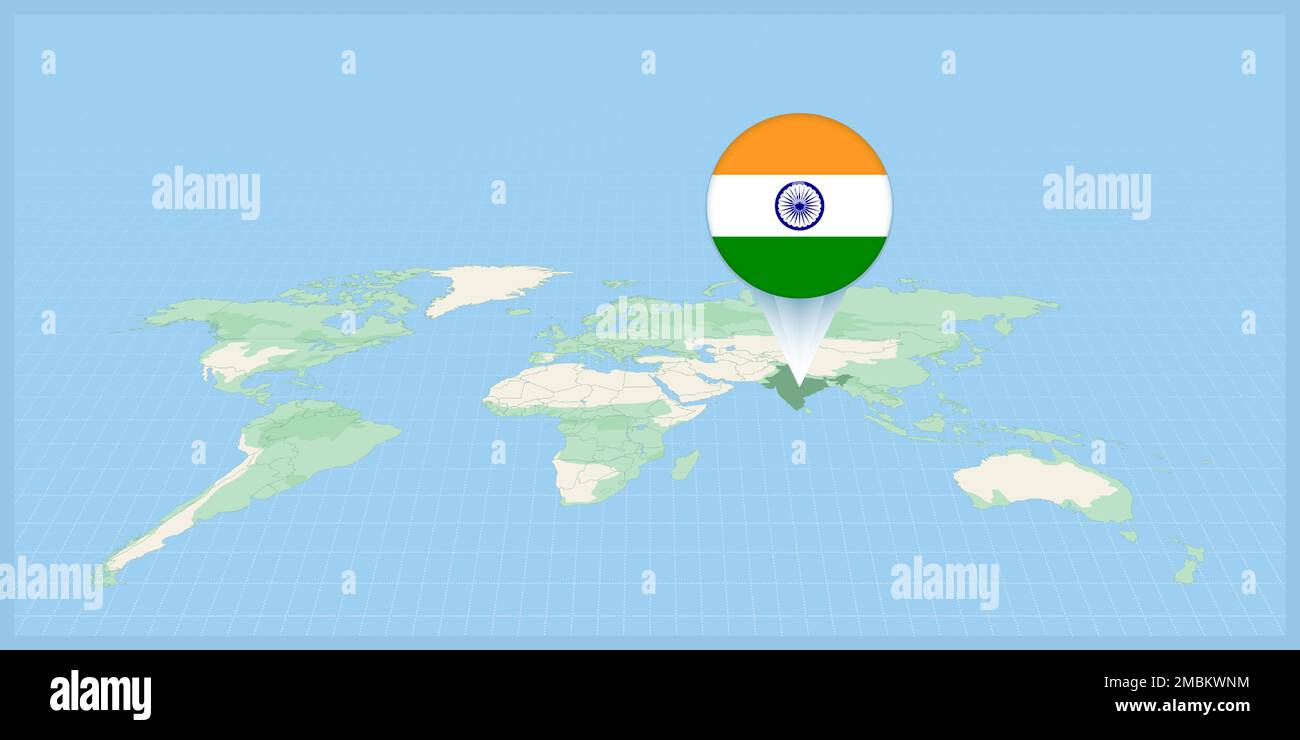 Location of India on the world map, marked with India flag pin