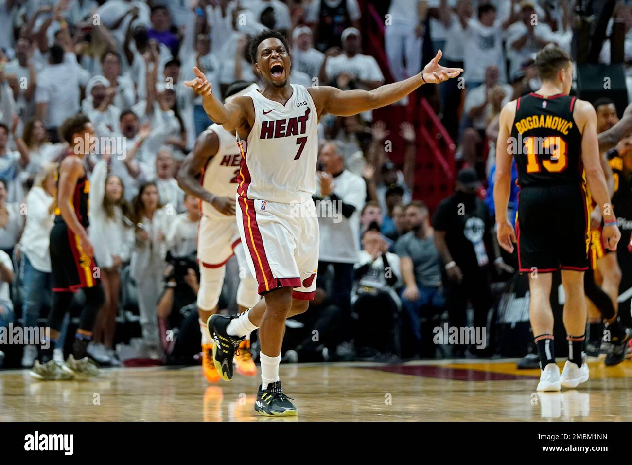 Miami Heat guard Kyle Lowry reacts after a score by Jimmy Butler during the second half of Game 2 of an NBA basketball first-round playoff series against the Atlanta Hawks, Tuesday, April 19, 2022, in Miami. The Heat won 115-105. (AP Photo/Lynne Sladky) Stock Photo