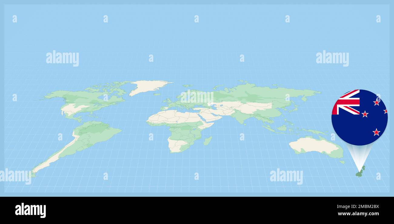 Location of New Zealand on the world map, marked with New Zealand flag
