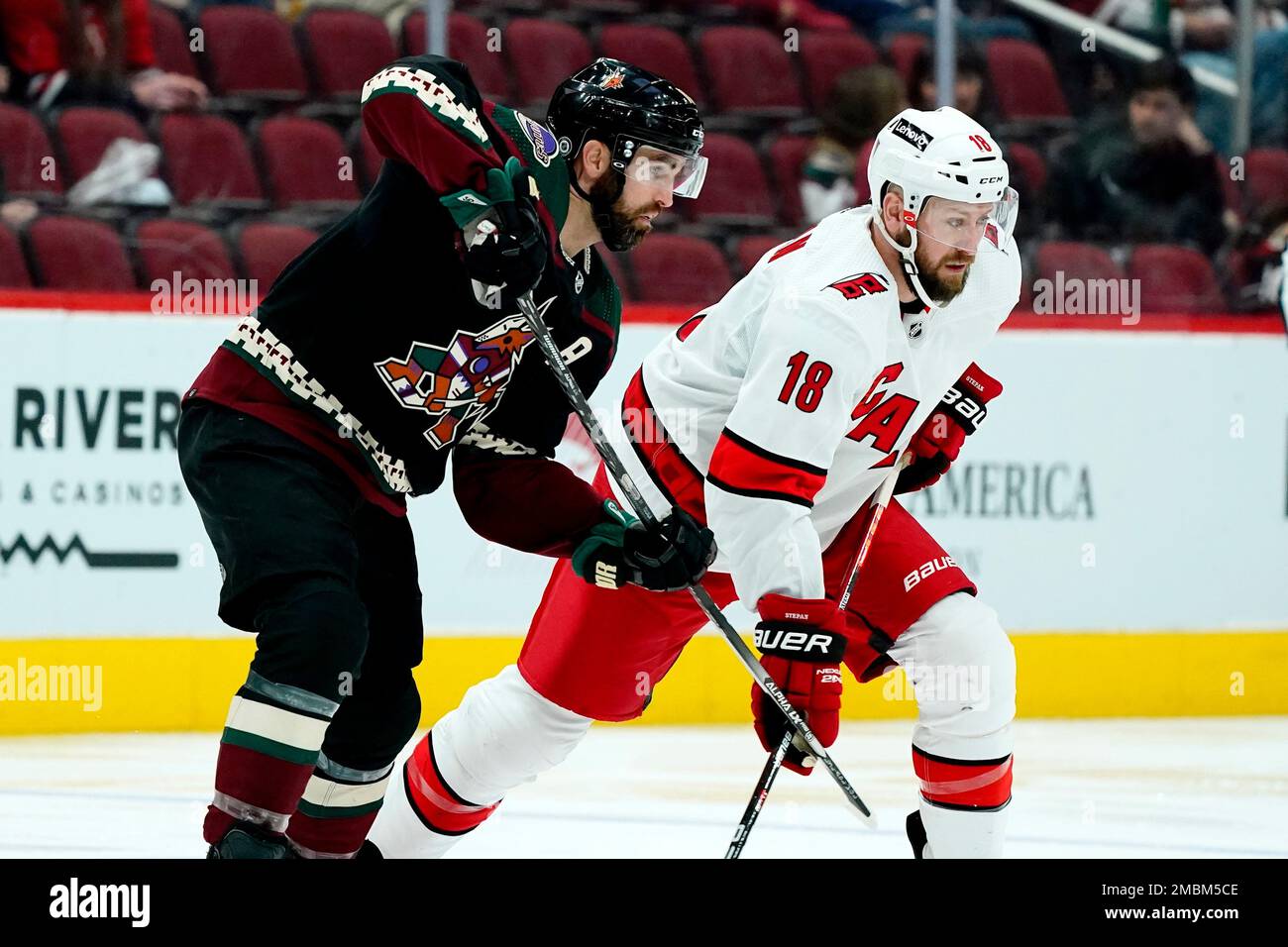 Arizona Coyotes left wing Andrew Ladd, left, and Carolina Hurricanes center Derek  Stepan (18) battle for position during the second period of an NHL hockey  game Monday, April 18, 2022, in Glendale,