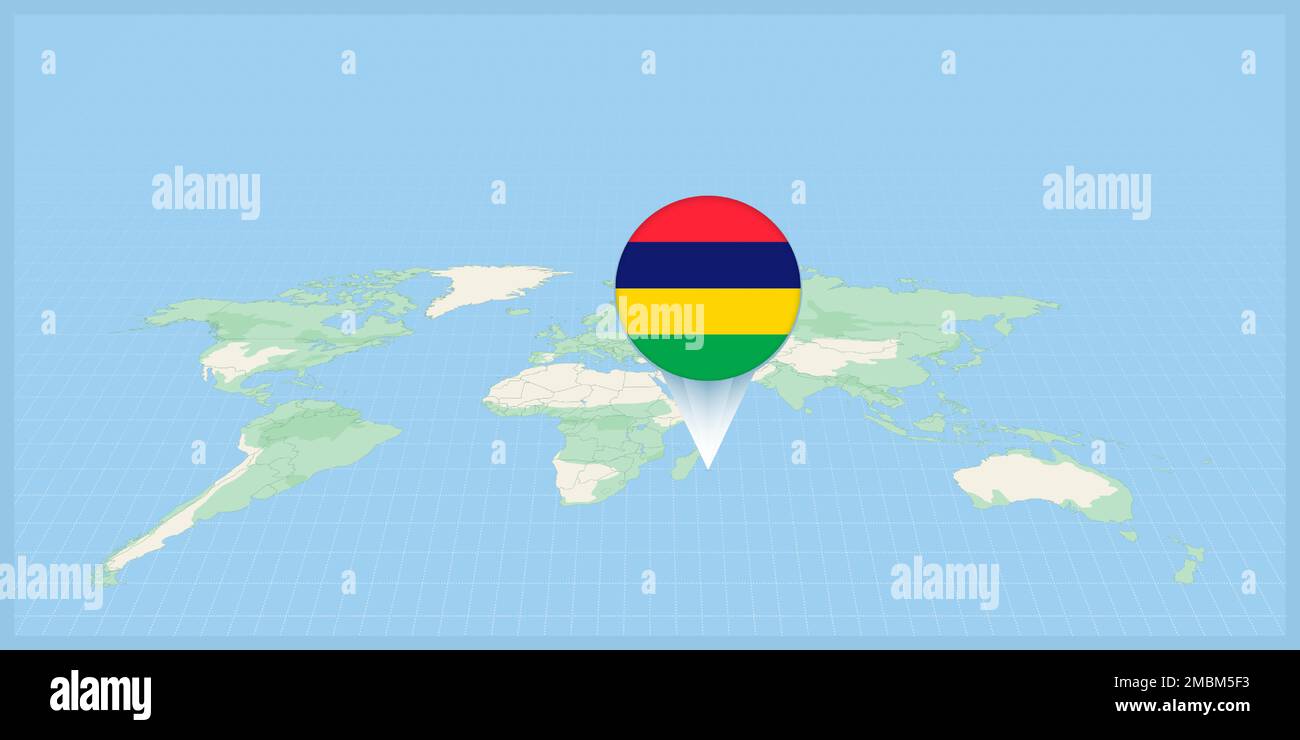 Location of Mauritius on the world map, marked with Mauritius flag pin. Cartographic vector