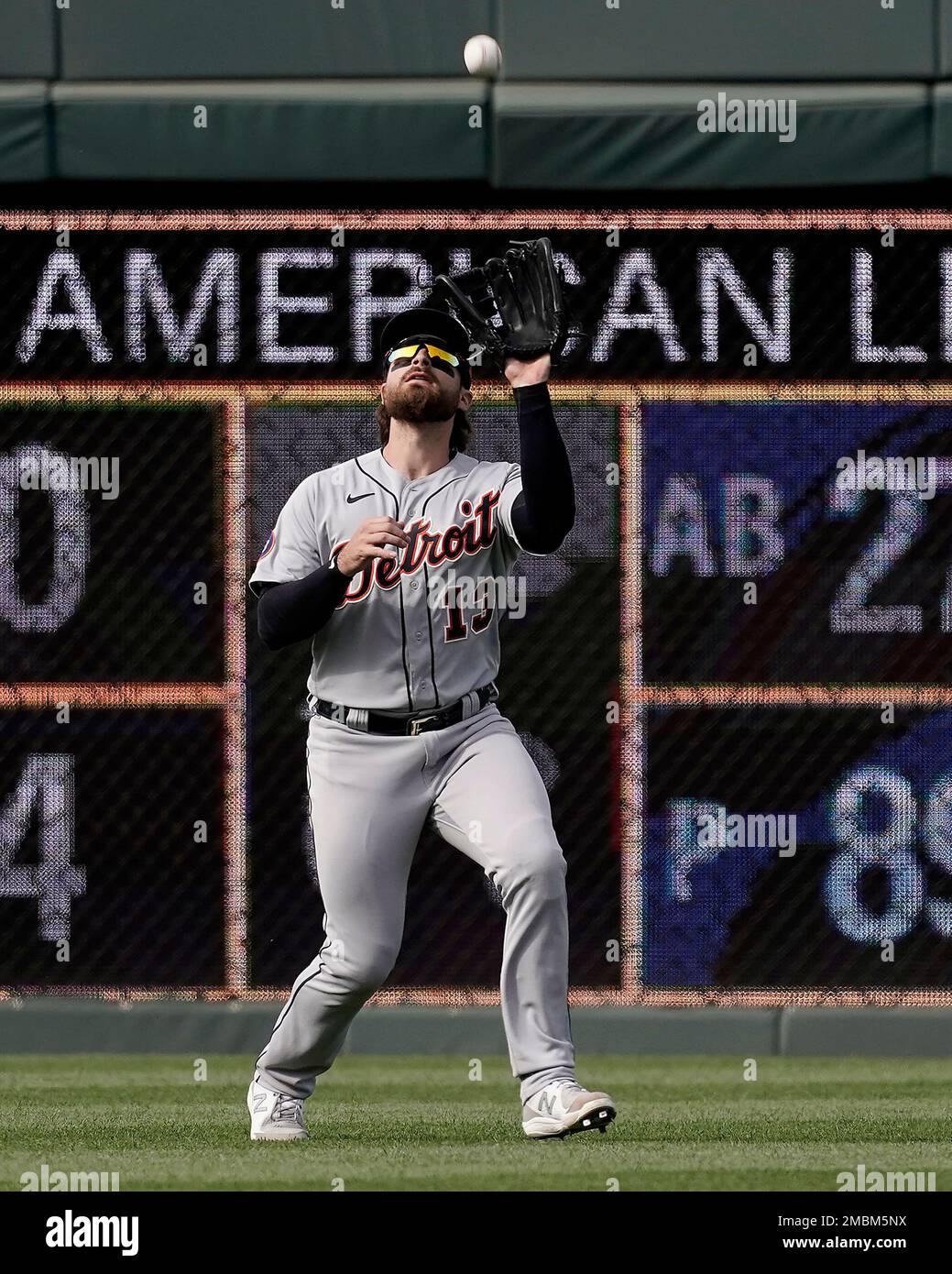 Detroit Tigers left fielder Eric Haase catches a fly ball during the fifth  inning of a baseball game against the Kansas City Royals Saturday, April  16, 2022, in Kansas City, Mo. (AP
