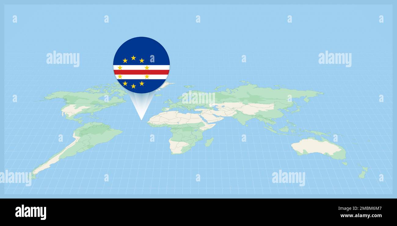 Location of Cape Verde on the world map, marked with Cape Verde flag pin. Cartographic vector illustration. Stock Vector