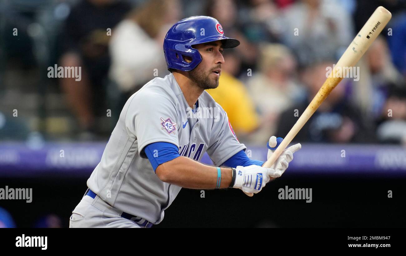 Chicago Cubs first baseman Alfonso Rivas warms up during the ninth inning  of a baseball game against the Arizona Diamondbacks Friday, May 13, 2022,  in Phoenix. The Diamondbacks won 4-3. (AP Photo/Ross