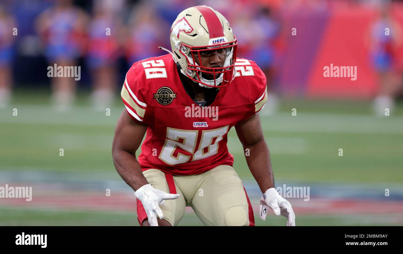 Birmingham Stallions running back Tony BrooksJames (20) during the