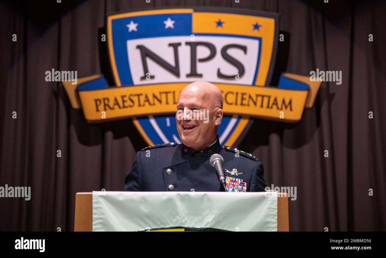 220617-N-OX360-0204    MONTEREY, Calif. (June 17, 2022) - U.S. Space Force Gen. John W. “Jay” Raymond, Chief of Space Operations, delivers the commencement address during the Naval Postgraduate School (NPS) Spring Quarter Graduation, June 17. The in-person graduation ceremony at King Hall Auditorium honored 343 graduates, including 18 international students from 11 nations. Stock Photo