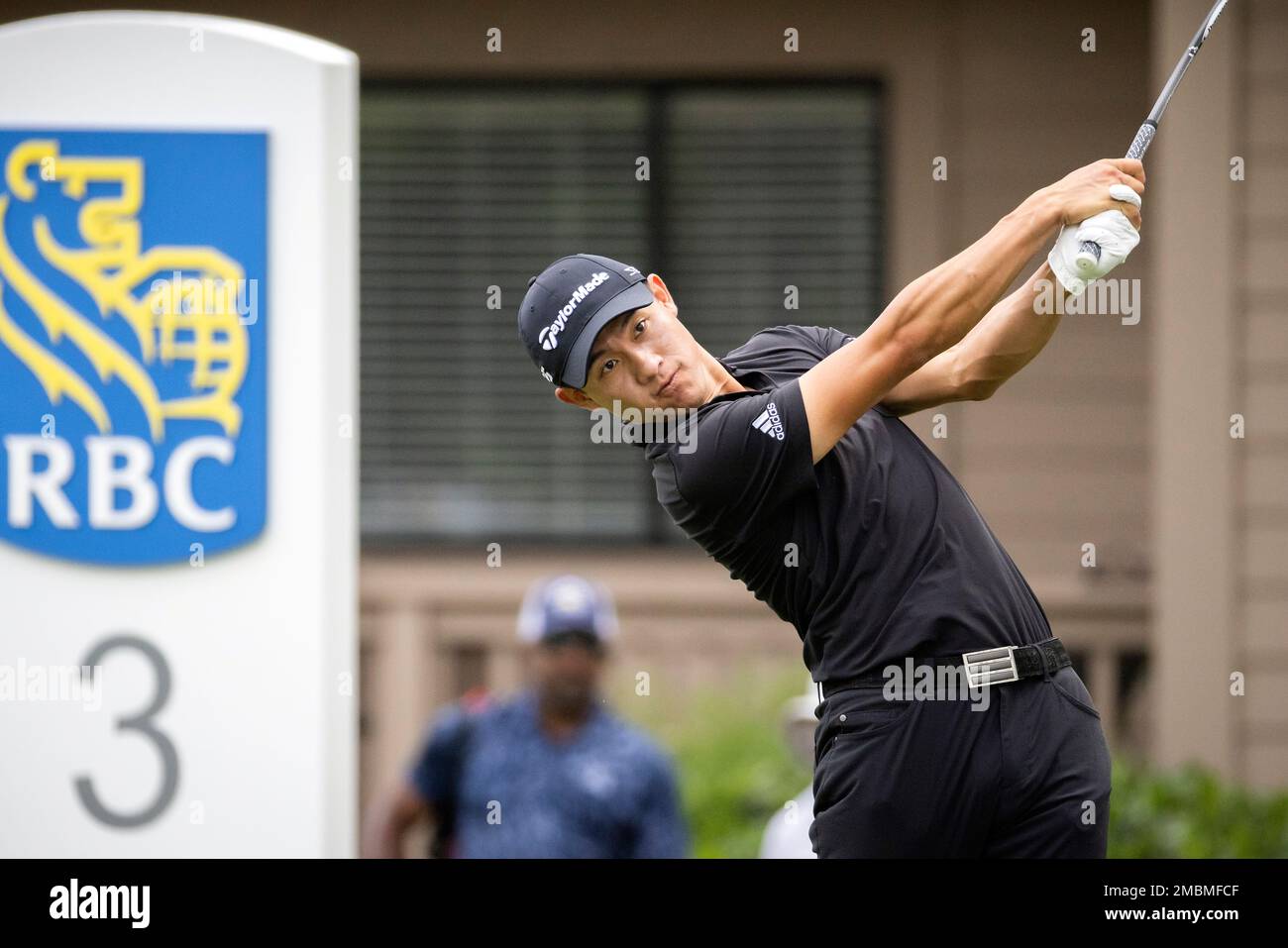 Collin Morikawa hits on from the third tee during the third round of the RBC Heritage golf tournament, Saturday, April 16, 2022, in Hilton Head Island, S.C