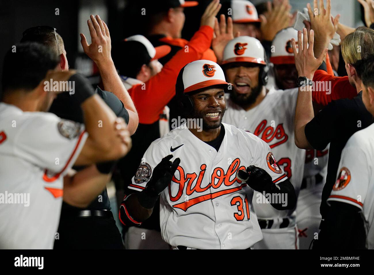 Baltimore Orioles left fielder Austin Hays looks on from the dugout during  the second inning of a baseball game against the Tampa Bay Rays, Wednesday,  July 27, 2022, in Baltimore. (AP Photo/Julio