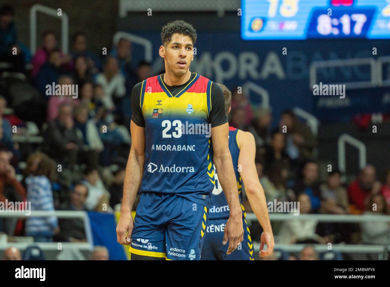 Andorra La Vella, Andorra : January 20, 2023 : Felipe Dos Anjos of Mora Banc Andorra in Action during the LEB ORO match between Mora Banc Andorra v Guuk Gipuzkoa Basket in Andorra La Vella on January 2023. Stock Photo