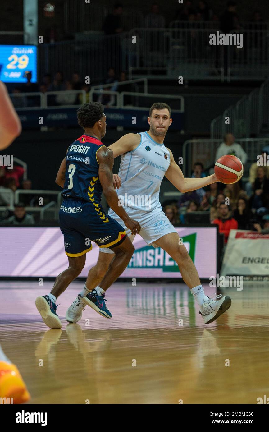 Andorra La Vella, Andorra : January 20, 2023 : Xabier Oroz of Guuk Gipuzkoa Basket and Micah Speight of Mora Banc Andorracompetes for the ball with during the LEB ORO match between Mora Banc Andorra v Guuk Gipuzkoa Basket in Andorra La Vella on January 2023. Stock Photo
