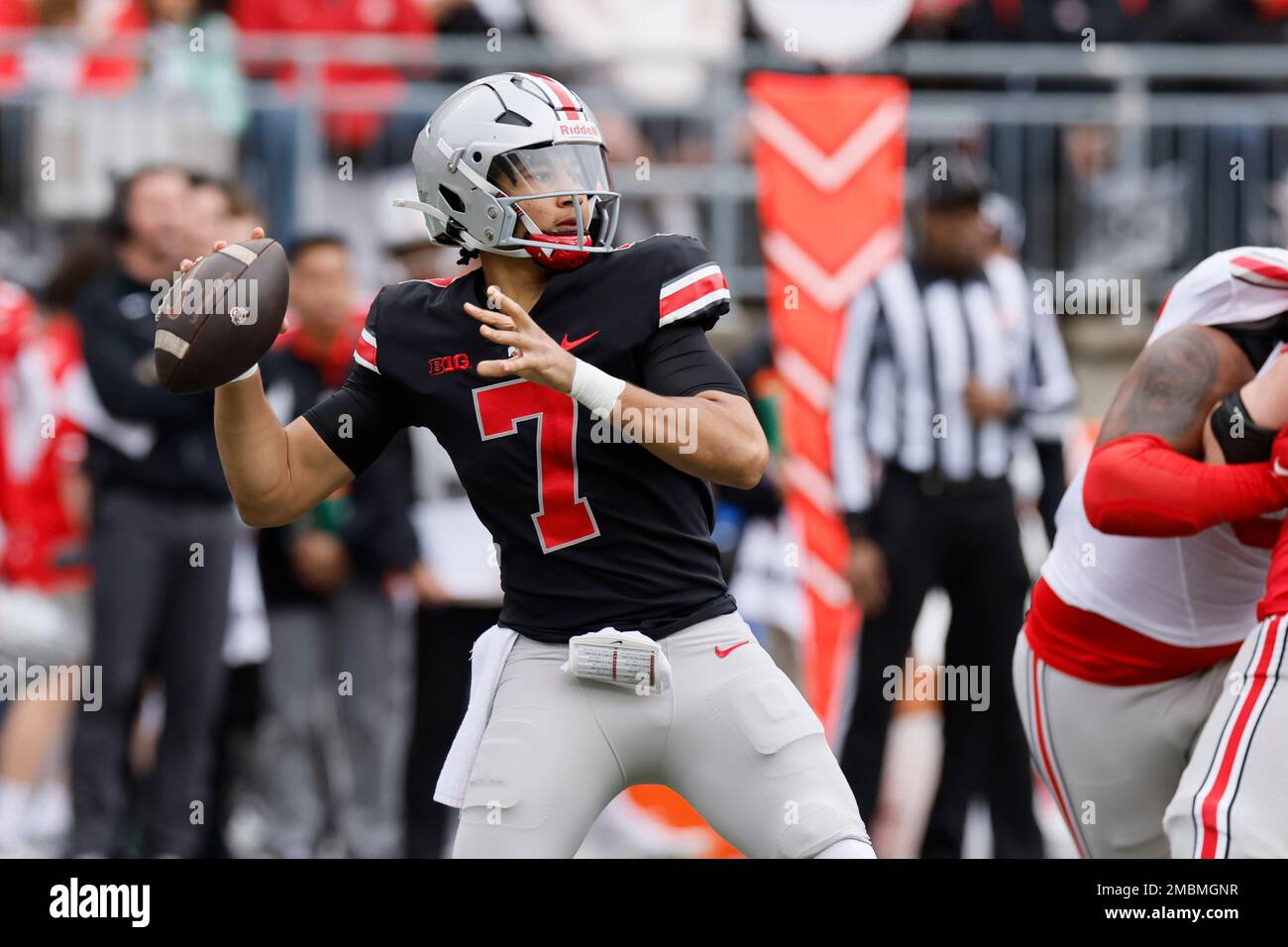 Ohio State quarterback C.J. Stroud drops back to pass during an NCAA