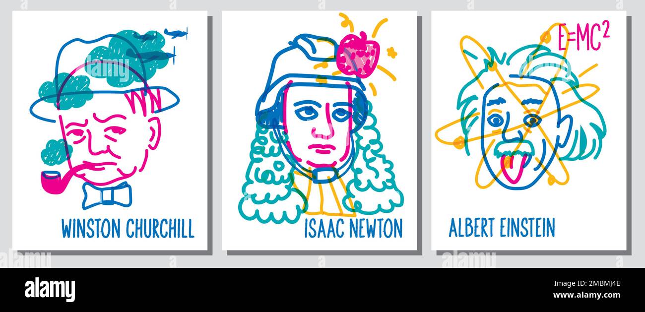 Poster color line illustration of famous people, Albert Einstein, Isaak Newton,  Stock Vector