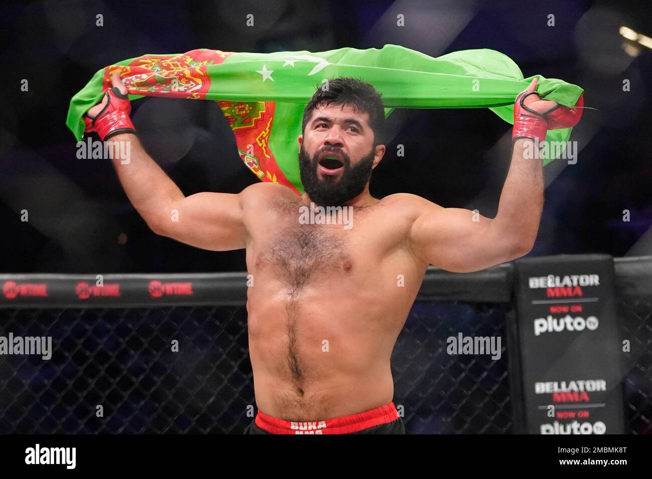 Dovletdzhan Yagshimuradov celebrates after defeating Rafael Carvalho during a light heavyweight match at the Bellator 277 mixed martial arts event in San Jose, Calif., Friday, April 15, 2022