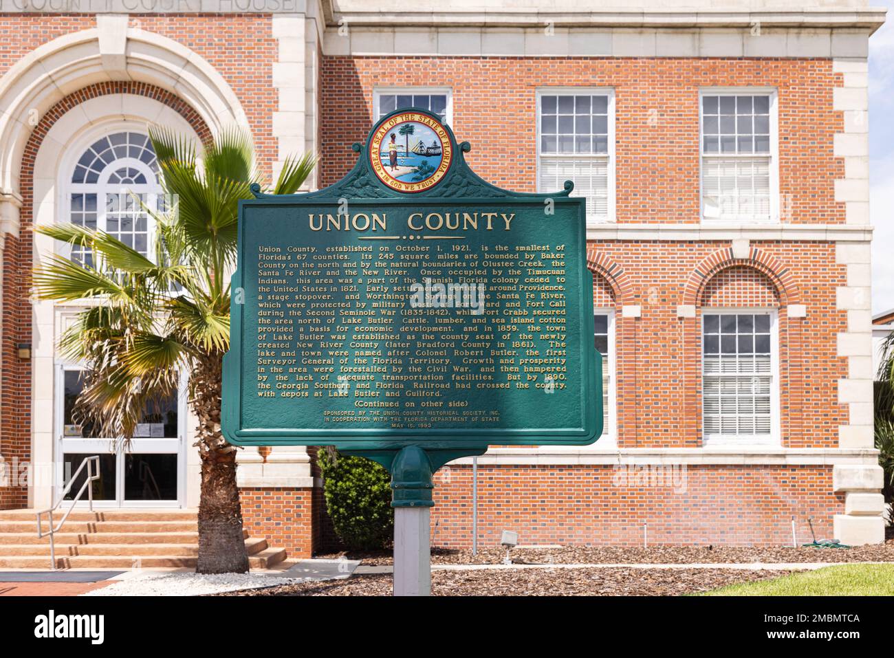Lake Butler, Florida, USA April 16, 2022 Plaque tells the story of