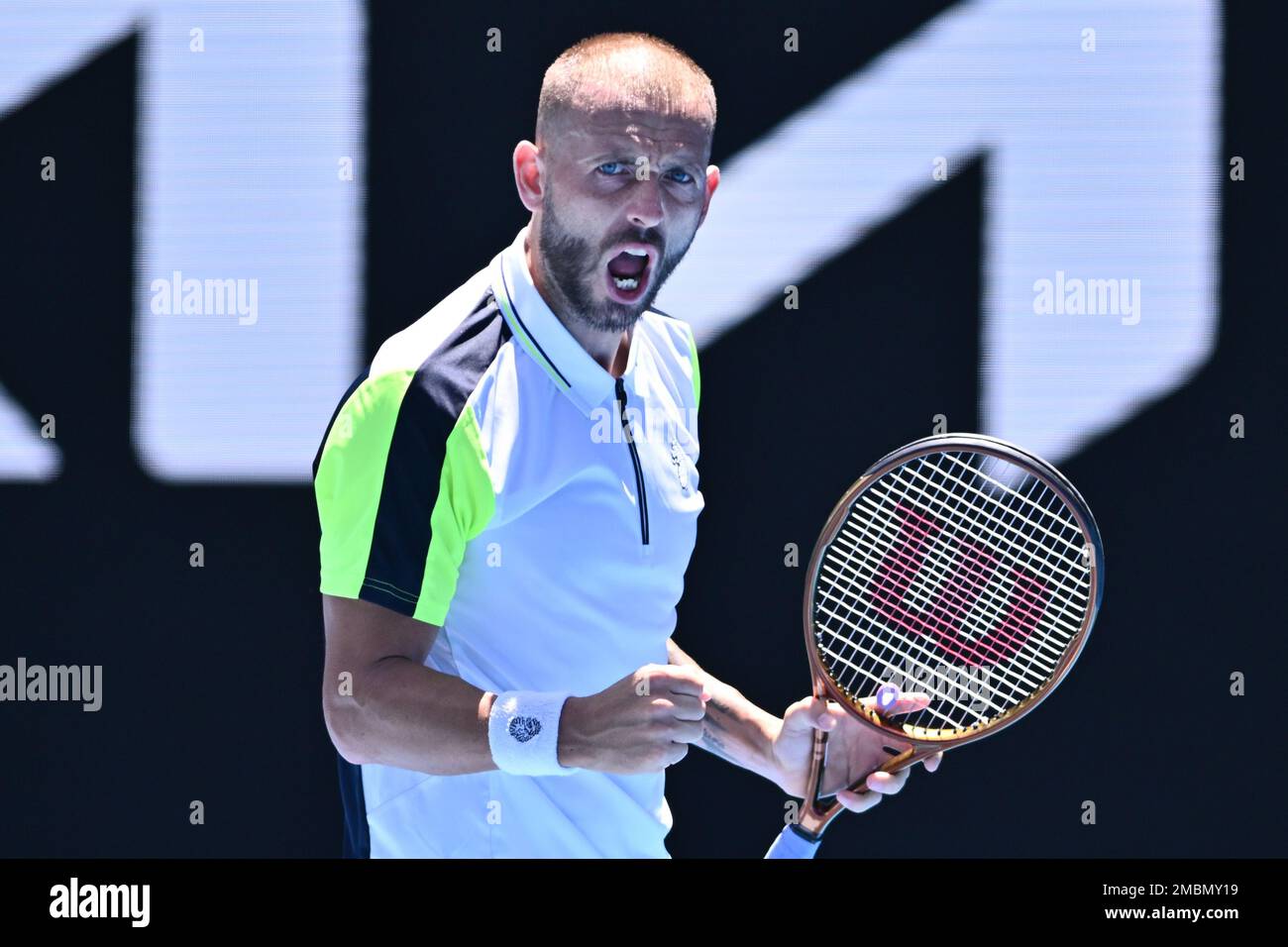 Daniel Evans of Great Britain wins a point during his match against Andrey Rublev of Russia during the 2023 Australian Open tennis tournament at Melbourne Park in Melbourne, Saturday, January 21, 2023