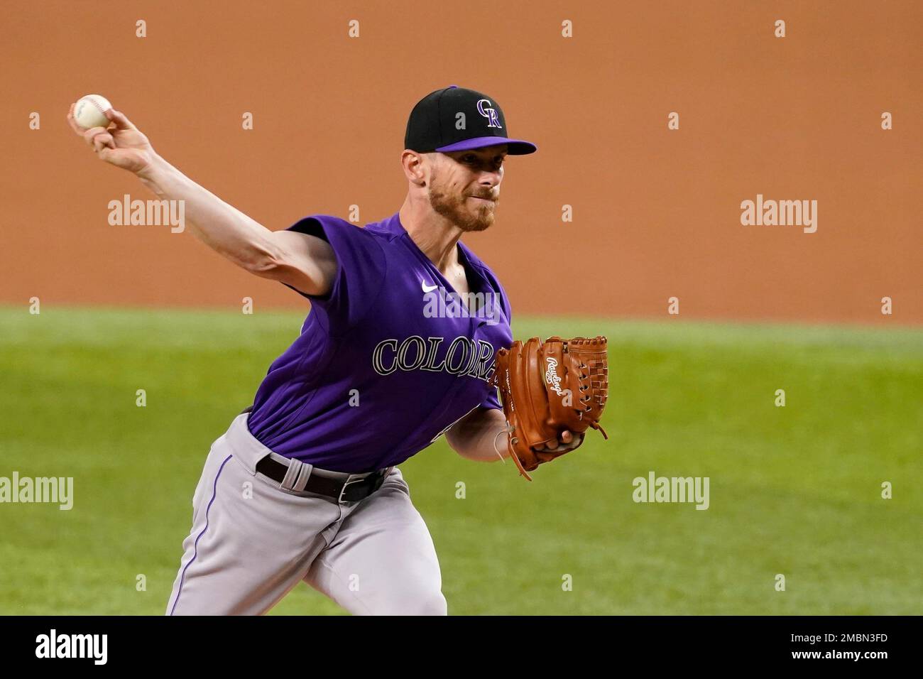 Colorado Rockies starting pitcher Chad Kuhl throws to the Texas Rangers