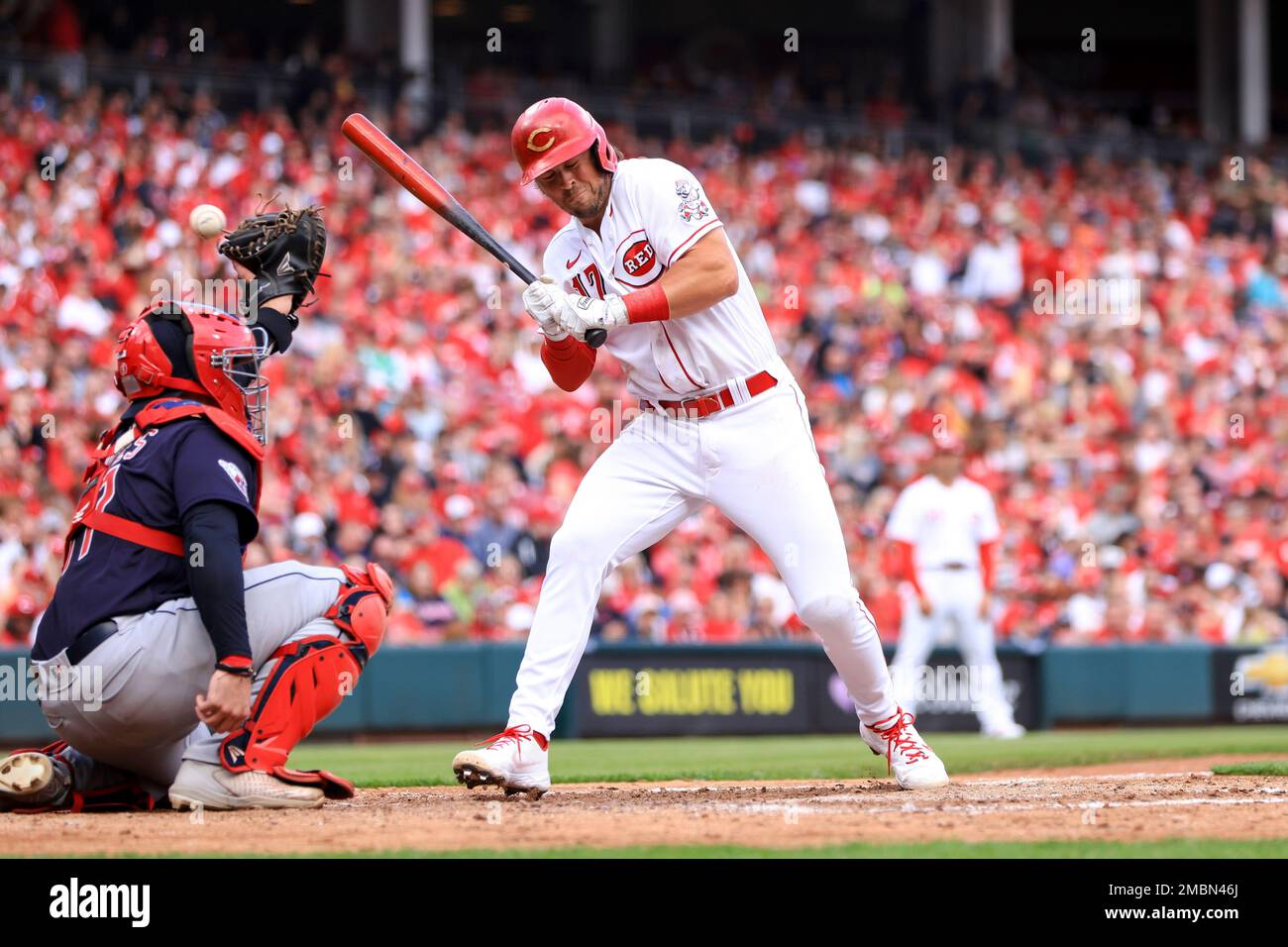 Cincinnati Reds' Kyle Farmer is hit by a pitch during the seventh inning of  the team's baseball game against the Washington Nationals in Washington,  Tuesday, May 25, 2021. (AP Photo/Manuel Balce Ceneta