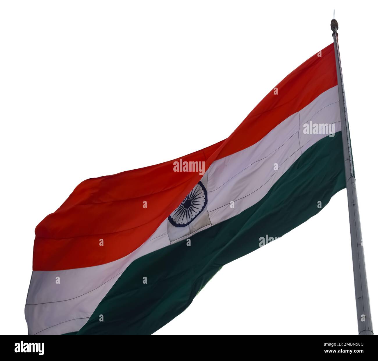 India flag flying high at Connaught Place with pride with plain white background, India flag fluttering, Indian Flag on Independence Day and Republic Stock Photo