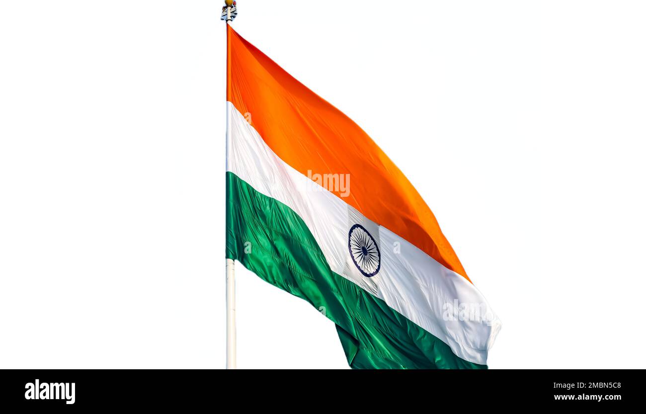 India flag flying high at Connaught Place with pride with plain white background, India flag fluttering, Indian Flag on Independence Day and Republic Stock Photo