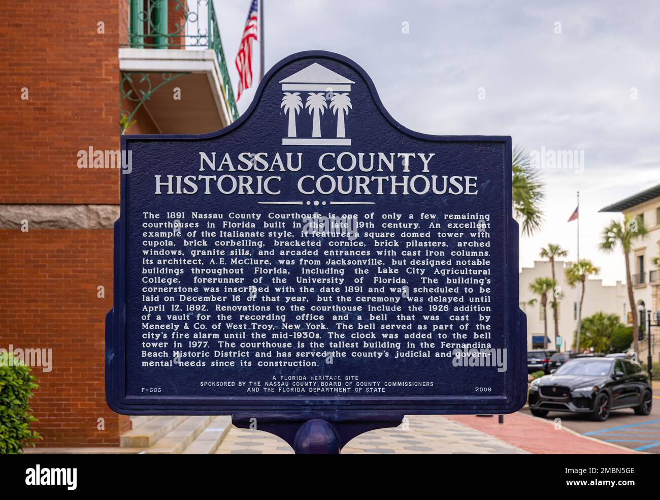 Fernandina, Florida, USA - April 16, 2022: Plaque tells the history of the Nassau County Courthouse Stock Photo