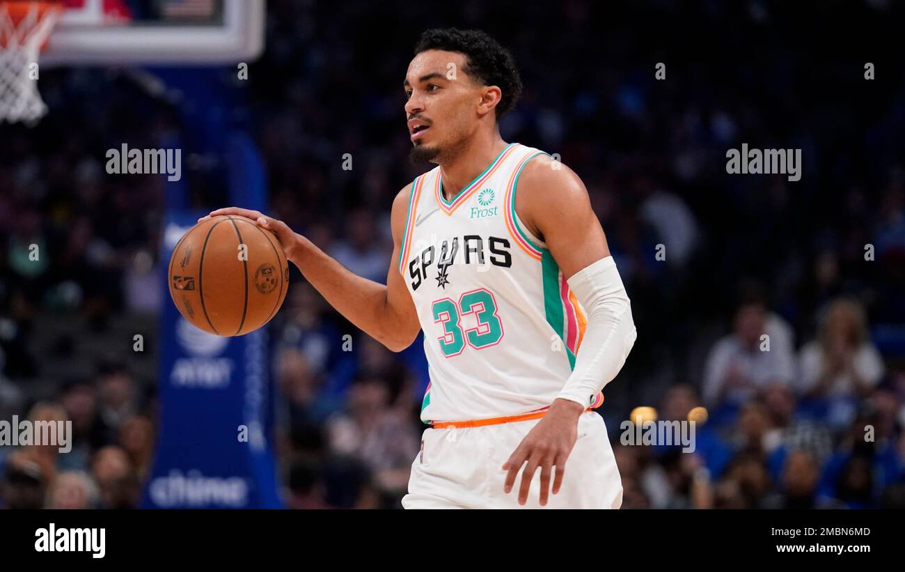 San Antonio Spurs Guard Tre Jones Works Against The Dallas Mavericks ...