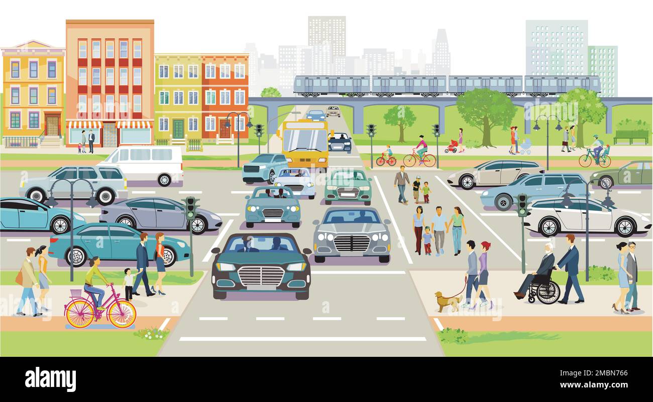 Main street with people and road traffic in front of buildings, illustration Stock Vector