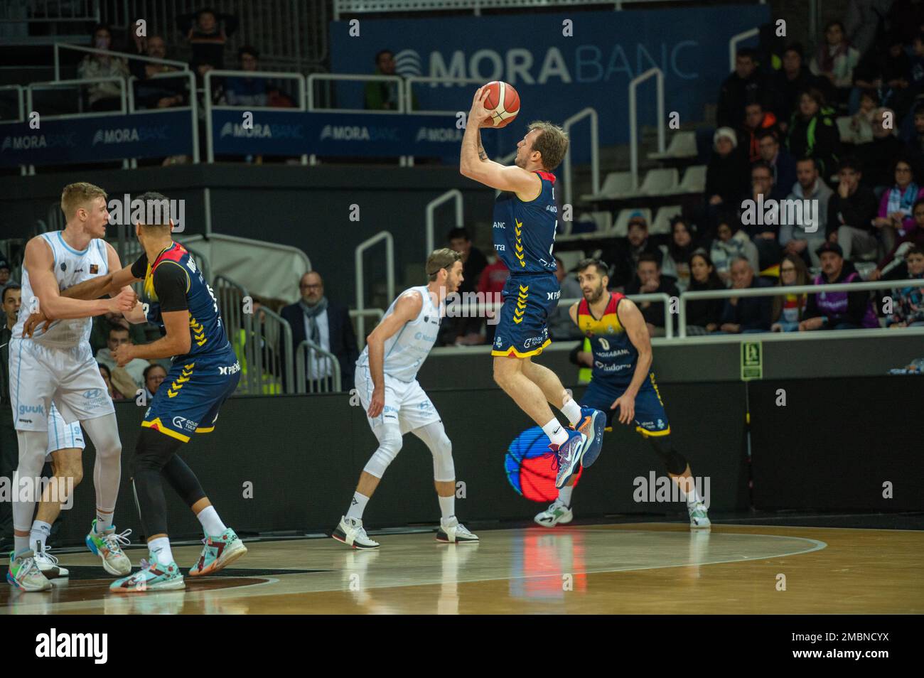 Andorra La Vella, Andorra : January 20, 2023 : Players in Action during the LEB ORO match between Mora Banc Andorra v Guuk Gipuzkoa Basket in Andorra La Vella on January 2023. Stock Photo