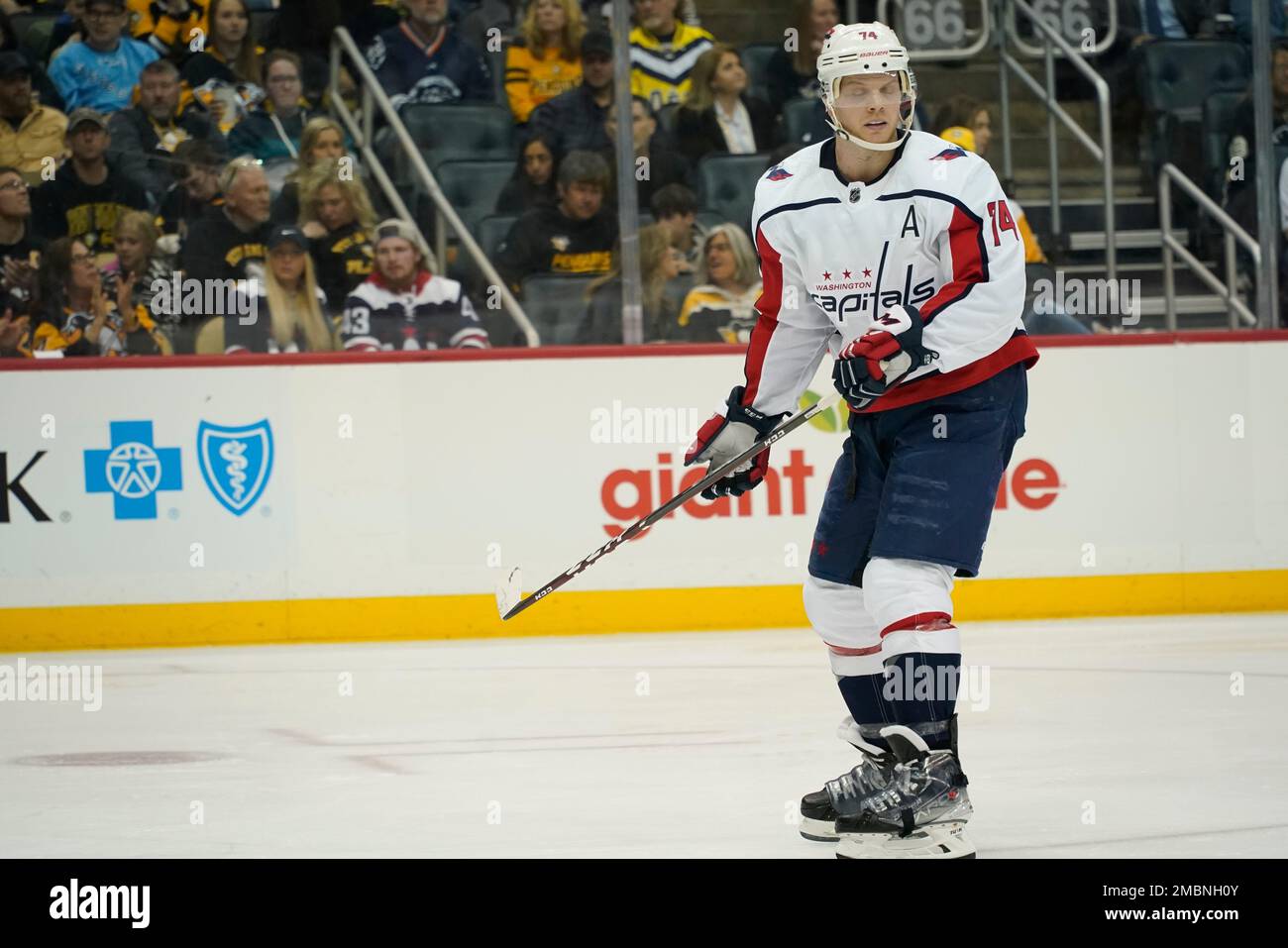Washington Capitals John Carlson (74) plays against the Pittsburgh Penguins during the second period of an NHL hockey game, Saturday, April 9, 2022, in Pittsburgh