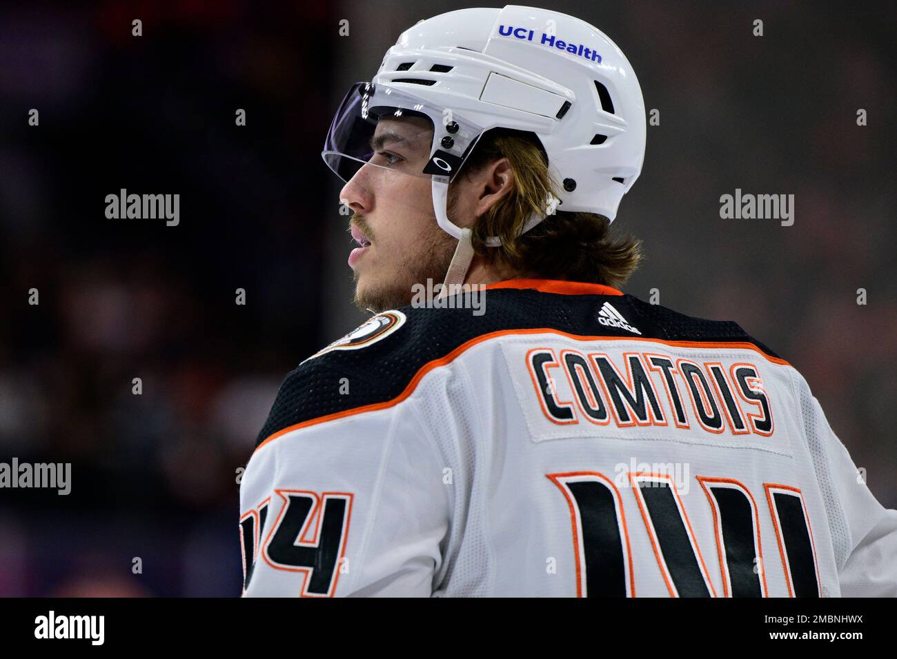 Anaheim Ducks Max Comtois in action during an NHL hockey game against the Philadelphia Flyers, Saturday, April 9, 2022, in Philadelphia