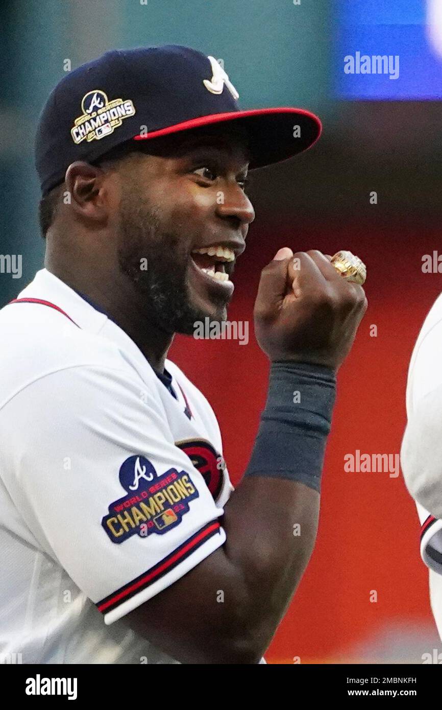 Atlanta Braves center fielder Guillermo Heredia shows off his World Series  ring during a ceremony before the team's baseball game against the  Cincinnati Reds on Saturday, April 9, 2022, in Atlanta. (AP
