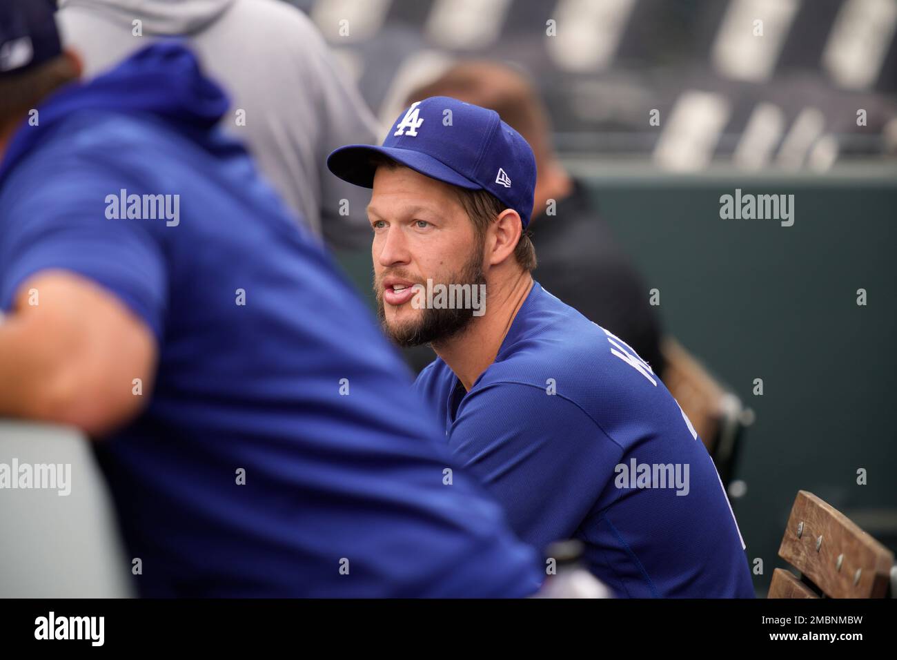 Los Angeles Dodgers starting pitcher Clayton Kershaw looks on as