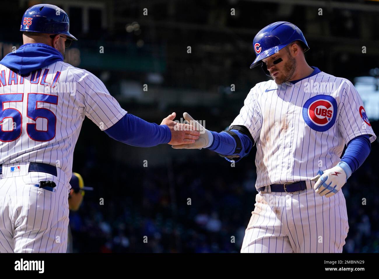 Chicago Cubs first base coach Mike Napoli (55) during the MLB game