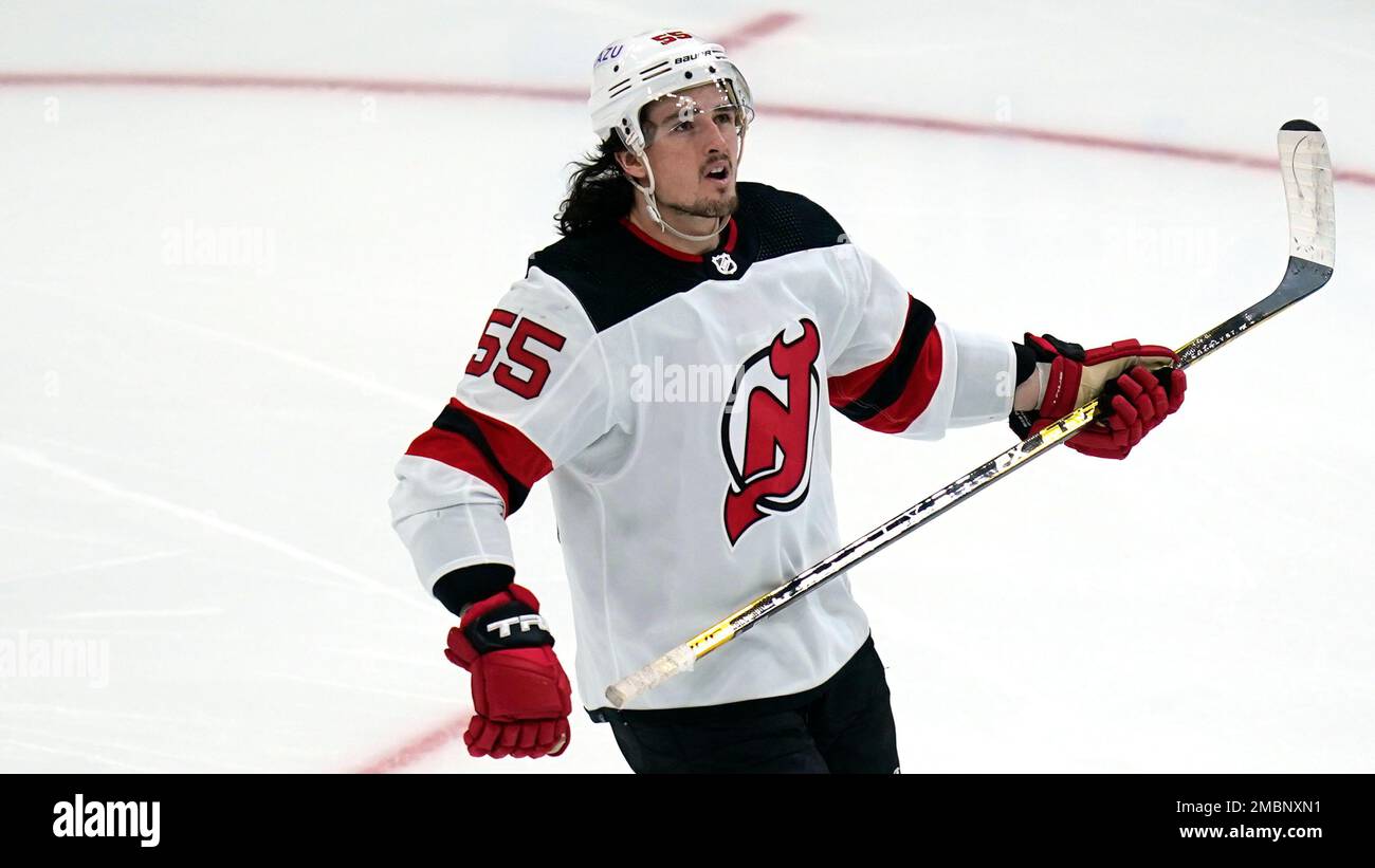 New Jersey Devils defenseman Mason Geertsen (55) during an NHL hockey