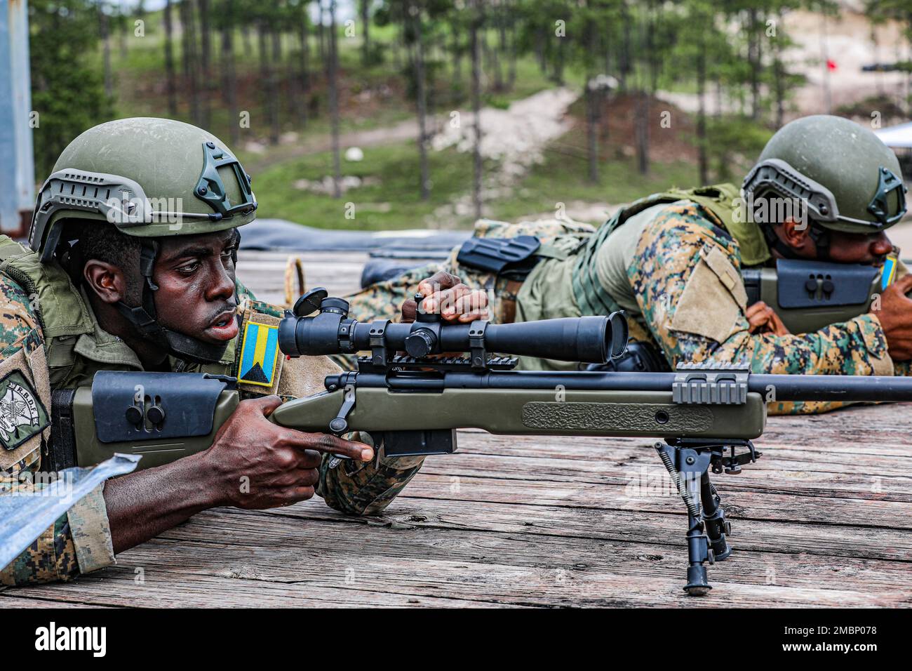 The Bahamas sniper team prepare to begin the combined assault course for Fuerzas Comando 2022 in La Venta, Honduras on June 17, 2022. The overall competition promotes military-to-military relationships, increases mission readiness, and improves regional security. Stock Photo