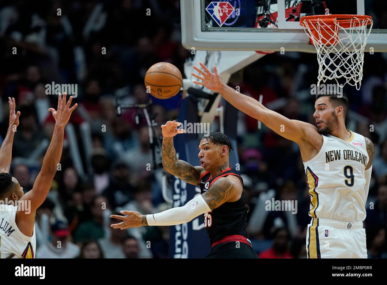 Portland Trail Blazers forward Didi Louzada (35) moves the ball down court  in the first half of an NBA basketball game against the New Orleans Pelicans  in New Orleans, Thursday, April 7