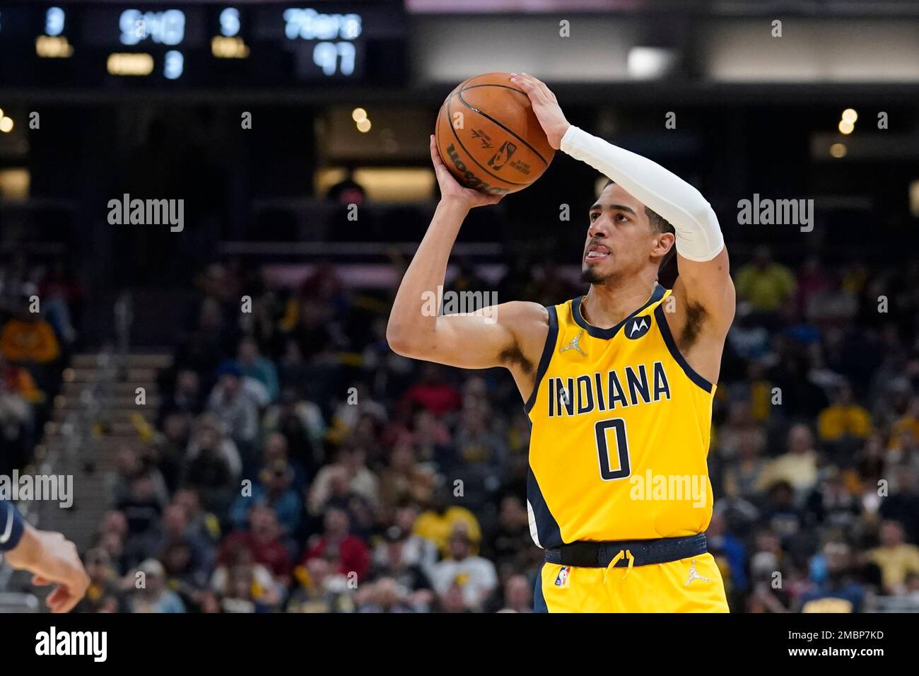 Indiana Pacers' Tyrese Haliburton (0) shoots during the second half of an  NBA basketball game against the Boston Celtics, Friday, March 24, 2023, in  Boston. (AP Photo/Michael Dwyer Stock Photo - Alamy