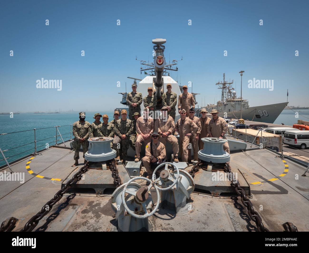 220618-N-VH871-1118 NAVAL SUPPORT ACTIVITY BAHRAIN (June 18th, 2022) assigned to the "Grey Knights" of Patrol Squadron (VP) 46, deployed Commander, Task Force (CTF) 57, pose for a photo during