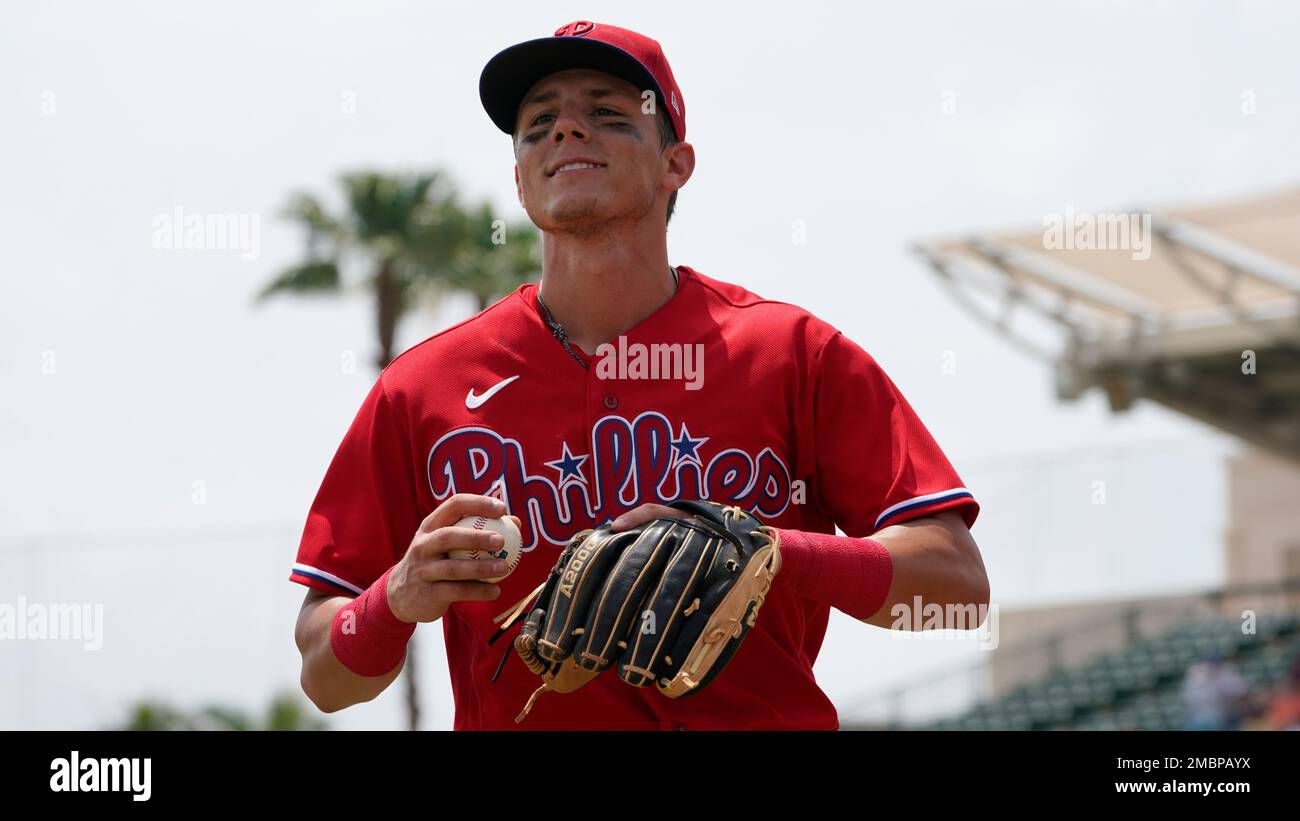 Philadelphia Phillies second baseman Nick Maton (29) heads to the dugout in  th fourth inning during a spring training baseball game at the Ed Smith  Stadium Friday April 1,2022, in Sarasota, Fla. (