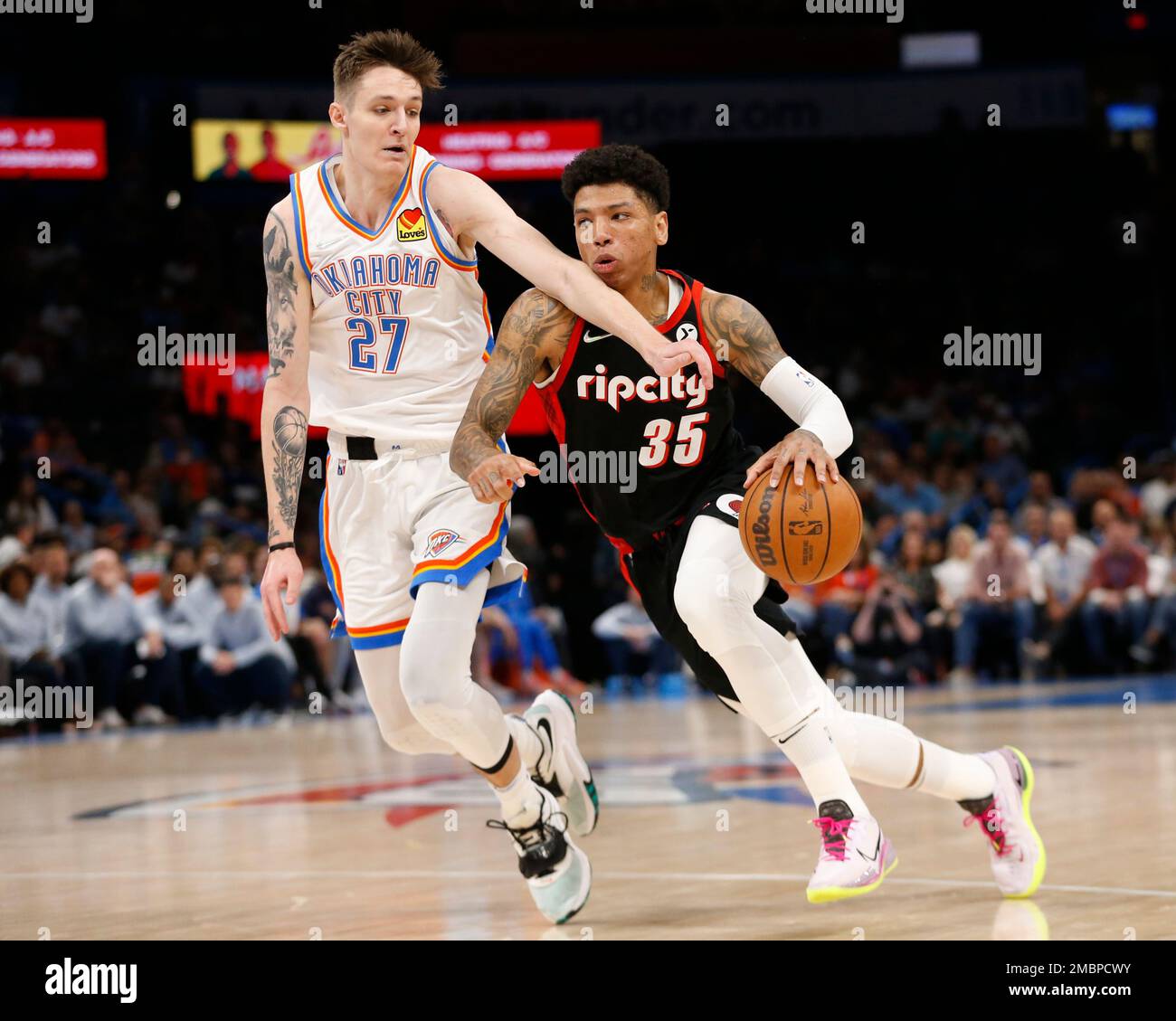 Portland Trail Blazers forward Didi Louzada (35) moves the ball down court  in the first half of an NBA basketball game against the New Orleans Pelicans  in New Orleans, Thursday, April 7