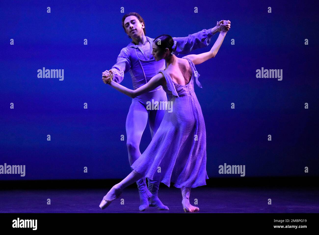 Russian ballerina Maria Yakovleva and Ukrainian soloist Denis Cherevichko  perform at the Naples' San Carlo theater, Monday, April 4, 2022. Ukrainian  and Russian dancers took part in a benefit performance to raise