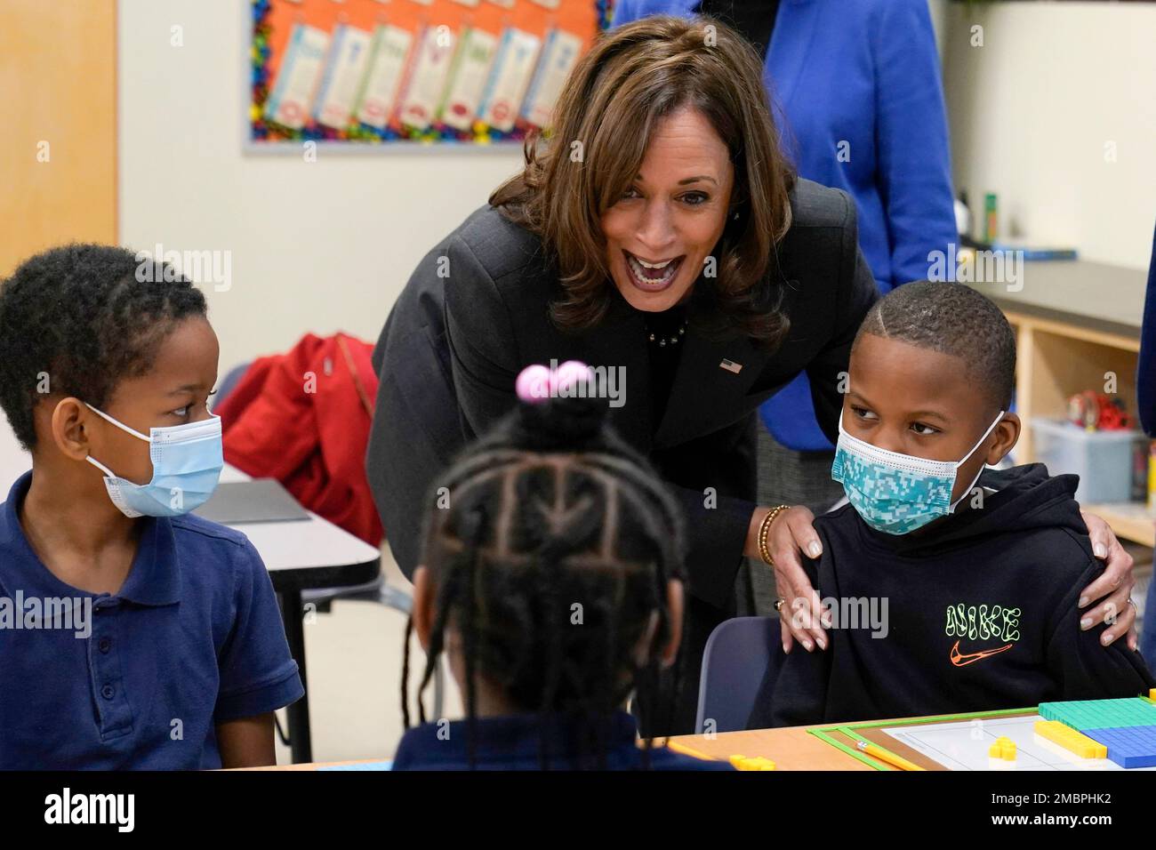 Vice President Kamala Harris visits with students at Thomas Elementary