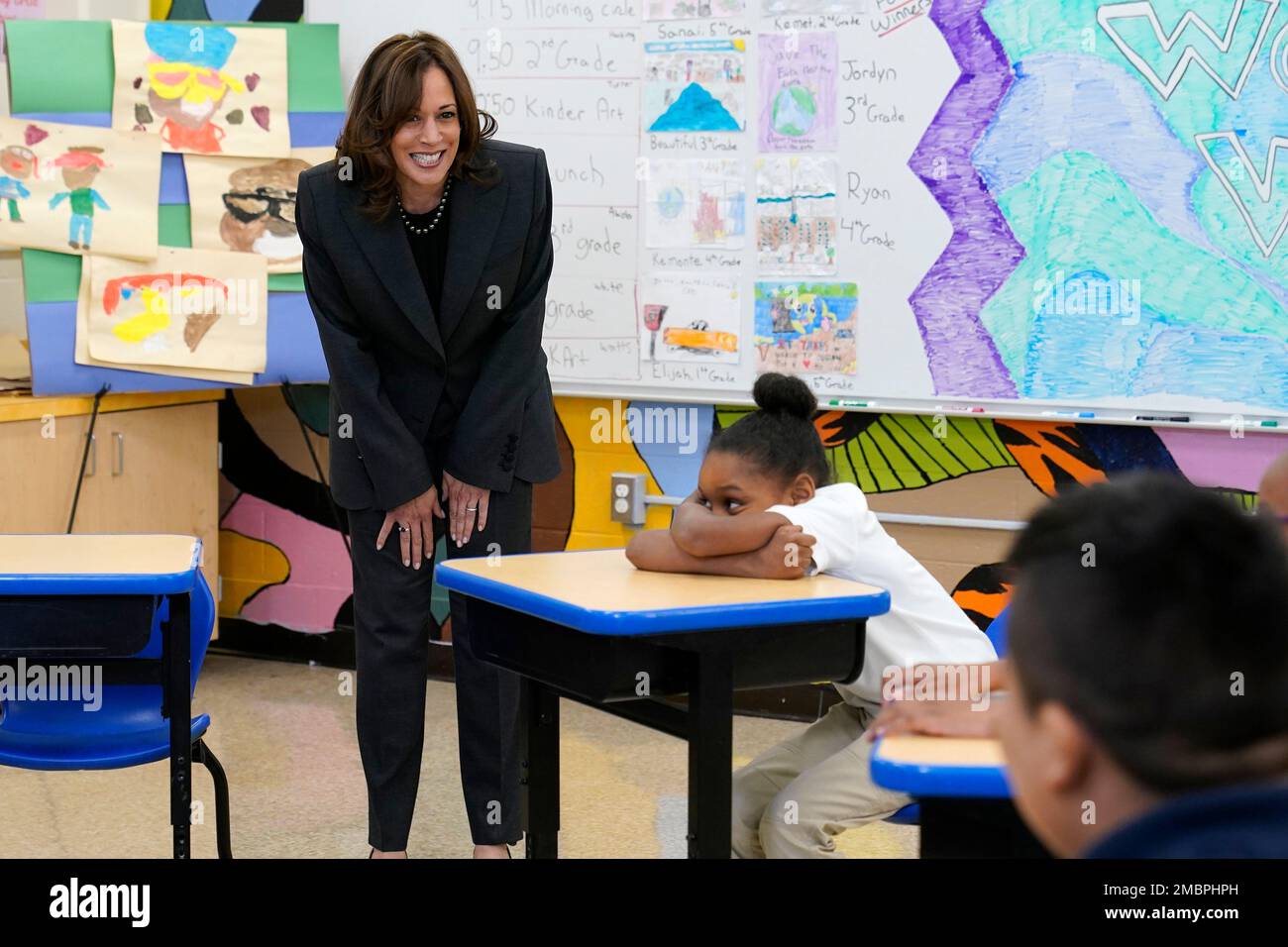 Vice President Kamala Harris visits with students at Thomas Elementary