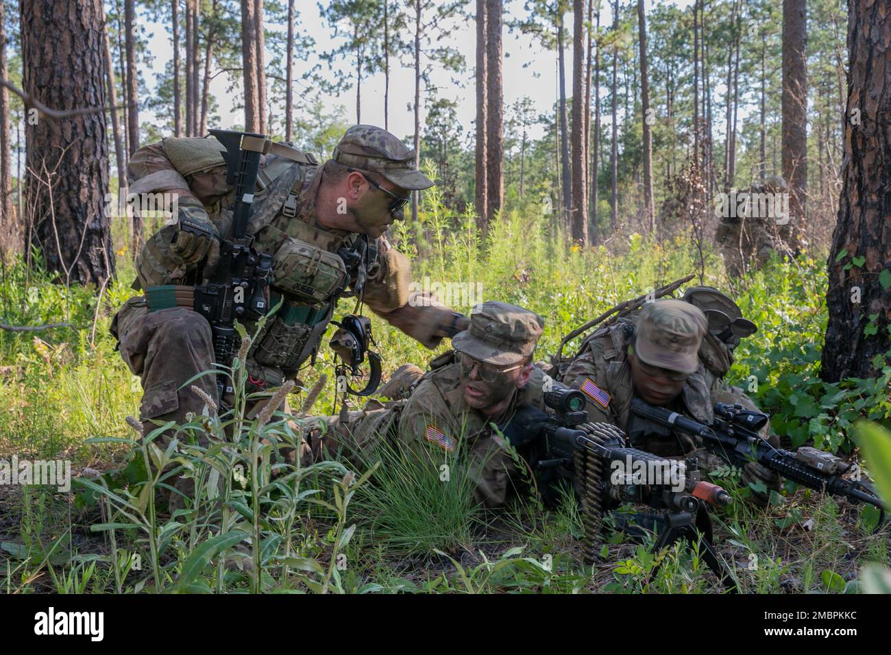 U.S. Army Georgia Army National Guard Soldiers with the Griffin-based Alpha Company, 2nd Battalion, 121 Infantry Regiment, 48th Infantry Brigade Combat Team, pull security while conducting a dismounted ambush on a light-armored convoy during 48th IBCT's Exportable Combat Training Capability exercise at Fort Stewart, Ga. on June 19, 2022. XCTC is the U.S. Army National Guard’s program of record that enables brigade combat teams to achieve the trained Platoon readiness necessary to deploy, fight, and win battles throughout the world. The XCTC exercise will include approximately 4,400 brigade per Stock Photo