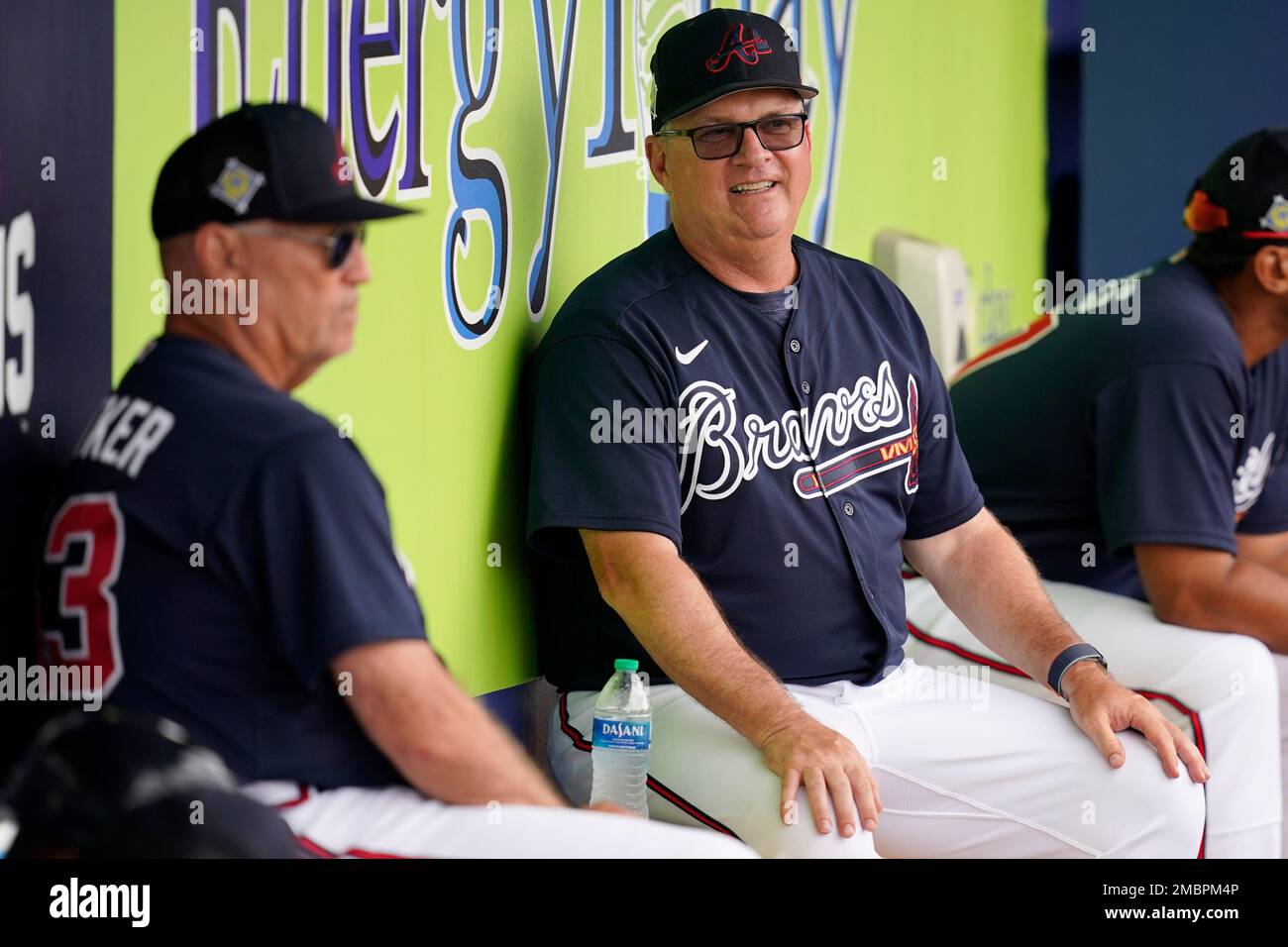 Atlanta Braves hitting coach Kevin Seitzer, right, talks with