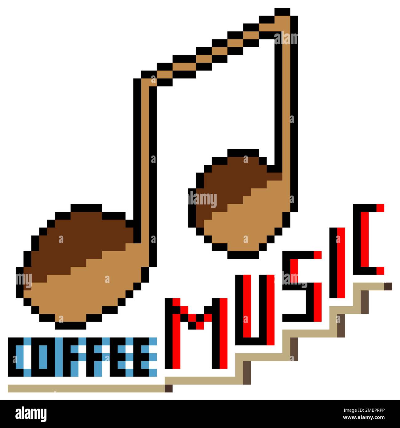 Pixel art musical note with coffee music lettering. Vector illustration