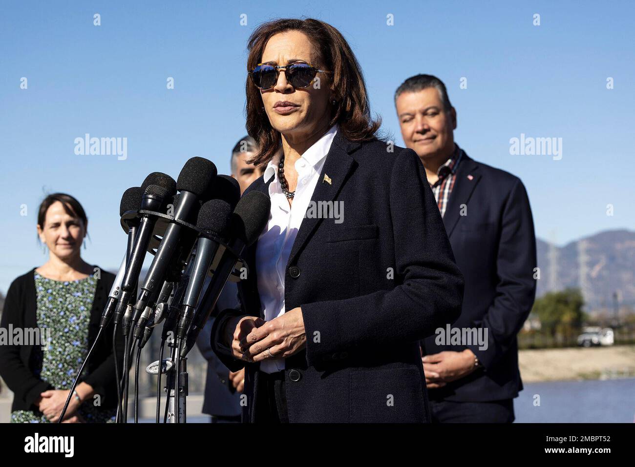 United States Vice President Kamala Harris makes remarks as she tours the Tujunga Spreading Grounds in Sun Valley, California on January 20, 2023. The spreading grounds recharge Los Angeles Countys groundwater. Pictured with the Vice President are: Assistant Secretary Tanya Trujillo, US Department of the Interior; US Senator Alex Padilla (Democrat of California); US Representative Tony Cardenas (Democrat of California); Secretary Wade Crowfoot, California Natural Resources Agency; Lindsey Horvath, Los Angeles County Board of Supervisors; and Director Mark Pestrella, Los Angeles County Public  Stock Photo